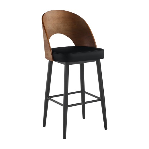 Modern Black Indoor Metal Barstool with Curved Walnut Veneer Backrest and Black Vinyl Seat