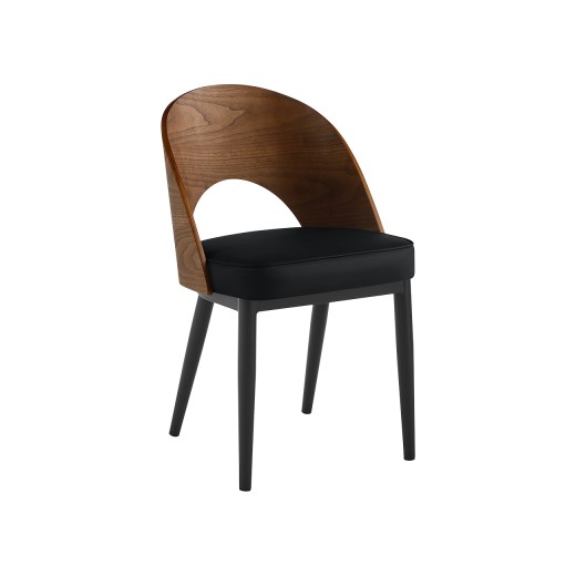 Modern Black Indoor Metal Chair with Curved Walnut Veneer Backrest and Black Vinyl Seat