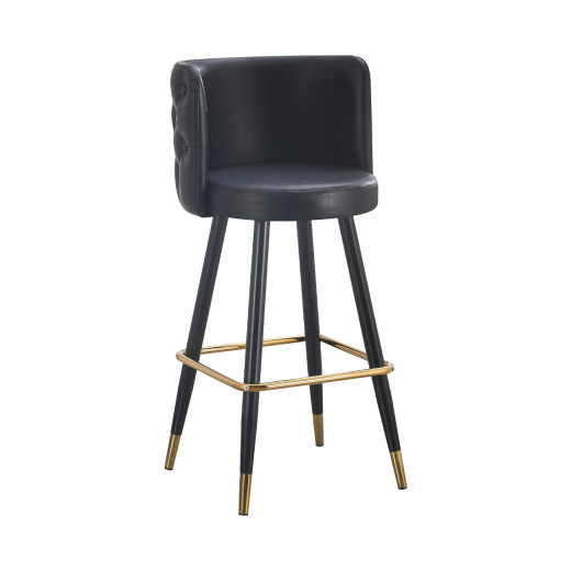 Indoor Black Metal Barstool with Upholstered Seat, Button Tufted Back, Gold-Tipped Legs and gold Footrest