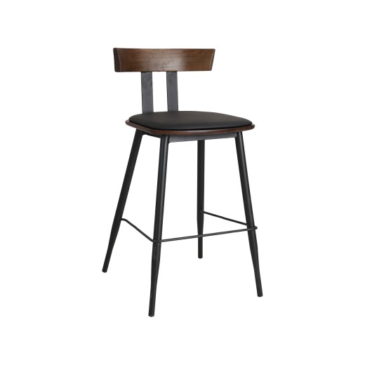 Indoor Streamlined Black Metal Barstool Featuring a Walnut-finished Elmwood Back and Black Vinyl Cushioned Seat