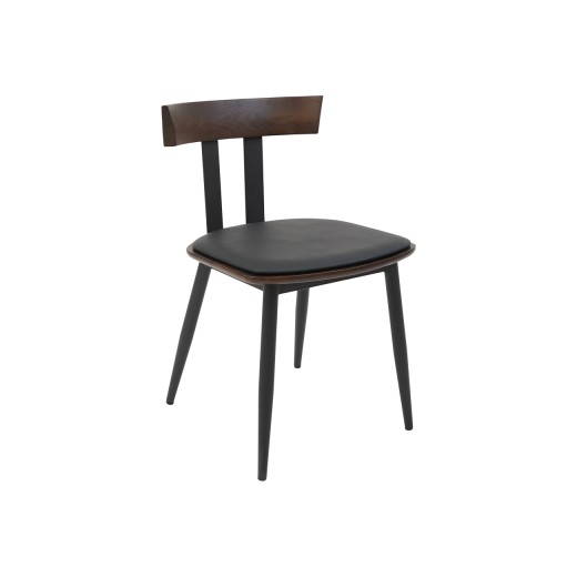 Indoor Streamlined Black Metal Chair Featuring a Walnut-finished Elmwood Back and Black Vinyl Cushioned Seat