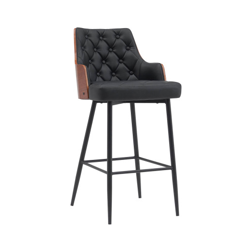 Contemporary Indoor Metal Barstool with Black Tufted Faux Leather Cushioning & Wood Veneer Backrest