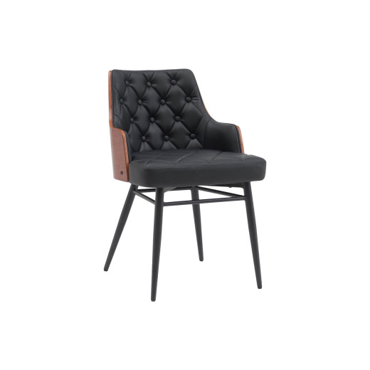 Contemporary Indoor Metal Chair with Black Tufted Faux Leather Cushioning & Wood Veneer Backrest