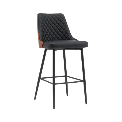 Black Upholstered Indoor Metal Barstool with Diamond Stitching and Veneer Back