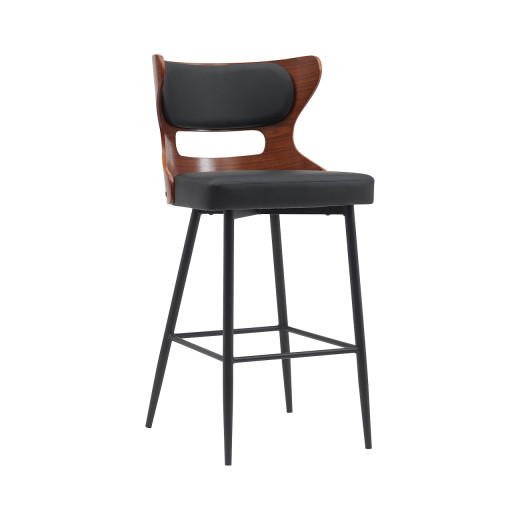 Modern Indoor Metal Barstool with Upholstered Black Seat and Cutout Veneer Back