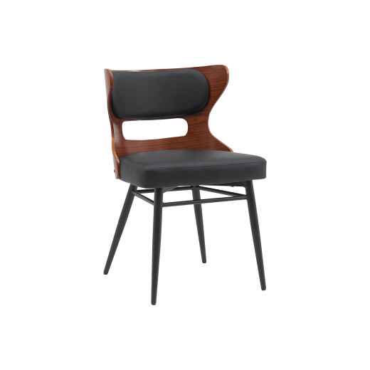 Modern Indoor Metal Chair with Upholstered Black Seat and Cutout Veneer Back