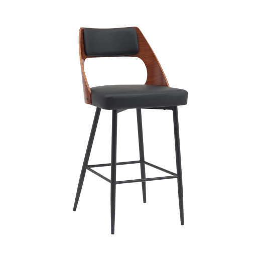 Indoor Metal Barstool with Split Veneer Backrest and Upholstered Black Seat