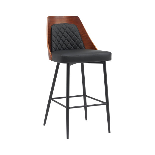 Indoor Metal Barstool with Upholstered Diamond-Tufted Back Cushion and Veneer Backrest