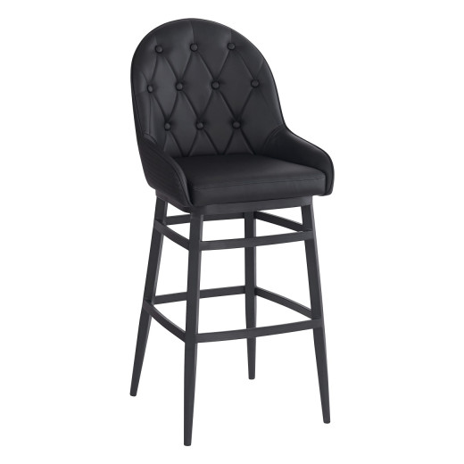 Black Upholstered Arm Barstool with Button-Tufted Back and Metal Frame, Indoor Use
