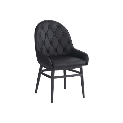 Black Upholstered Arm Chair with Button-Tufted Back and Metal Frame, Indoor Use