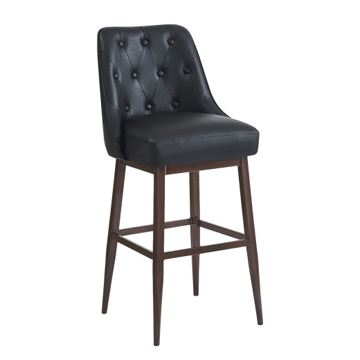 Classic Black Metal Barstool  with Button-Tufted  Backrest and Wood Grain Frame for Indoor Use