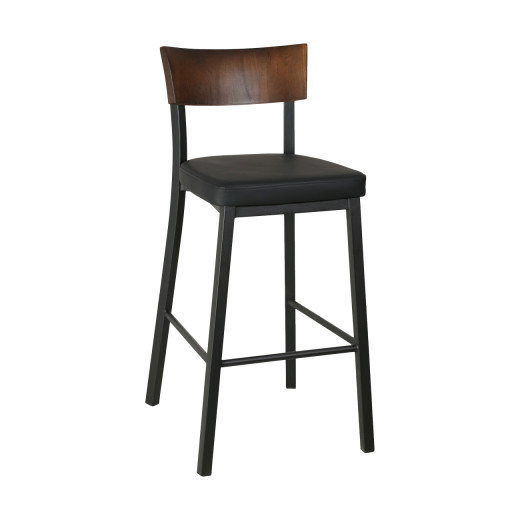 Indoor Metal Barstool with Upholstered Seat and Wood Veneer Backrest