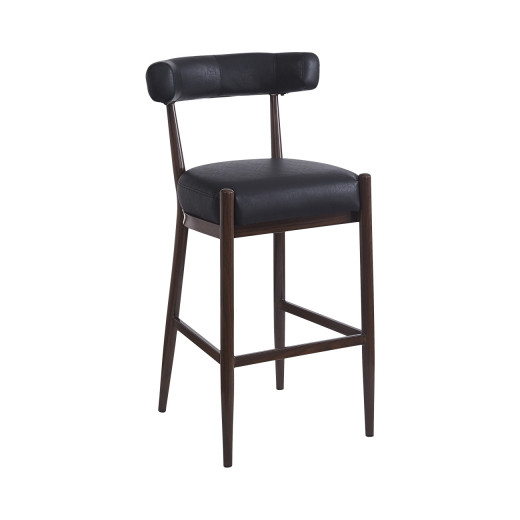 Black Upholstered Indoor Metal Barstool with Rounded Backrest and Walnut-Tone Legs