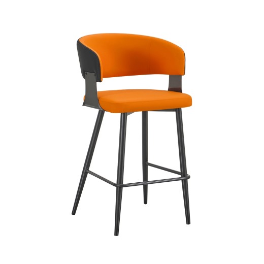 Sophisticated Indoor Metal Barstool with Orange Upholstered Curved Backrest and Seat