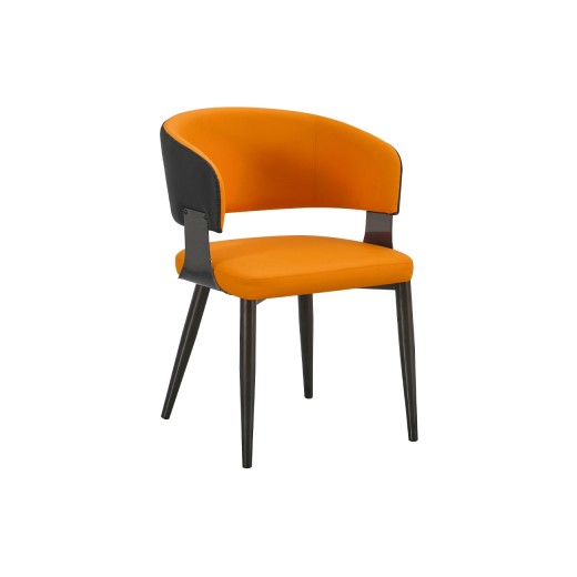 Sophisticated Indoor Metal Chair with Orange Upholstered Curved Backrest and Seat