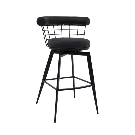 Indoor Black Swivel Barstool with Upholstered Seat and Wire Frame Backrest