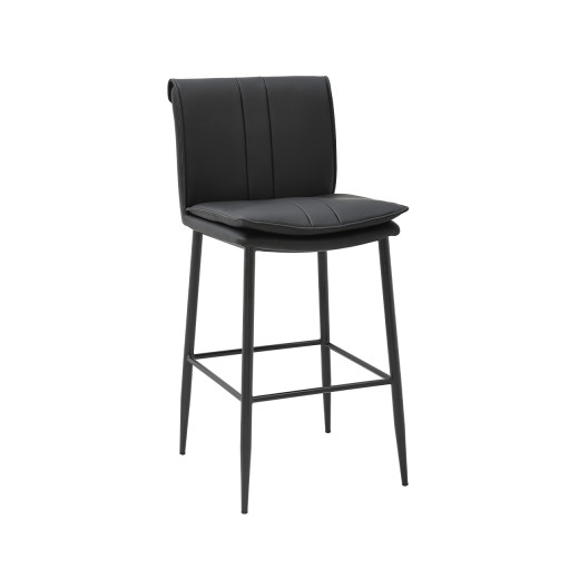 Black Upholstered Indoor Metal Barstool with Vertical Stitching and Black Legs