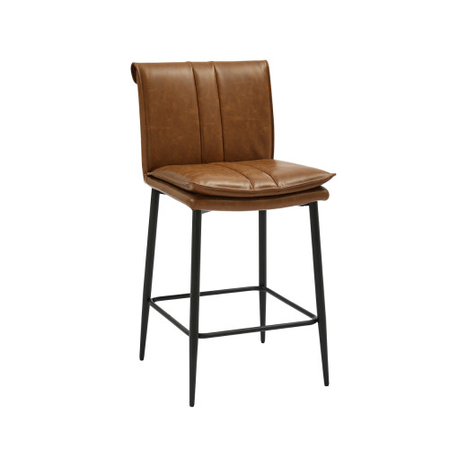 Brown Upholstered Indoor Metal Barstool with Vertical Stitching and Black Legs