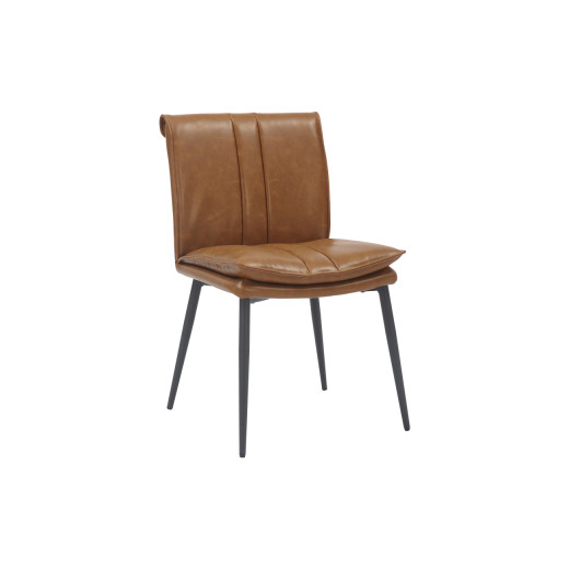 Brown Upholstered Indoor Metal Chair with Vertical Stitching and Black Legs