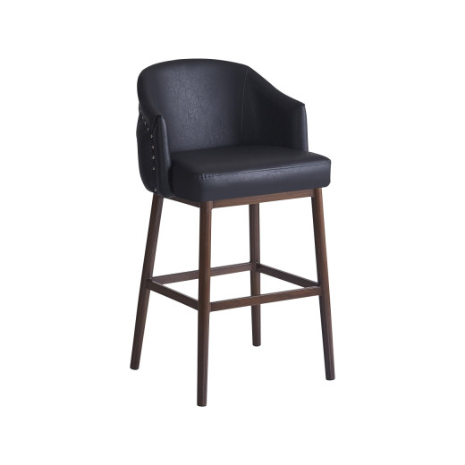 Indoor Barstool with Black Padded Tufted Back, Decorative Nailhead Trim, and Walnut-Tone Metal Legs