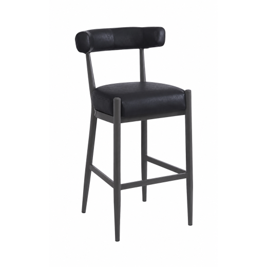 Sleek Indoor Dark Gray Metal Barstool with Cylindrical Upholstered Backrest and Vinyl Cushioned Seat