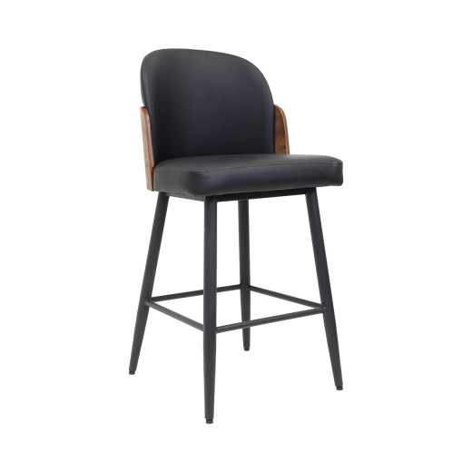 Indoor Black Vinyl Padded Metal Barstool with Walnut Veneer Accent Back