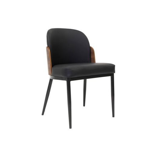 Indoor Black Vinyl Padded Metal Chair with Walnut Veneer Accent Back