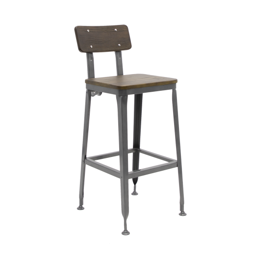 Dark Walnut Wood Back and Seat Metal Barstool