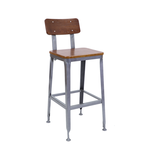 Light Walnut Wood Back and Seat Metal Barstool
