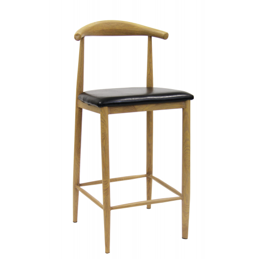 Natural Color Wood Grain Metal Barstool w/Black Vinyl Seat