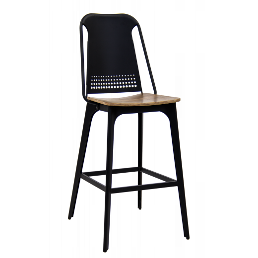 Black Metal Indoor Barstool with Veneer Seat