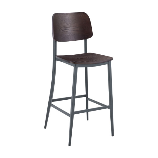 Indoor Contemporary Black Metal Dining Barstool with Walnut Veneer  Seat and Bac