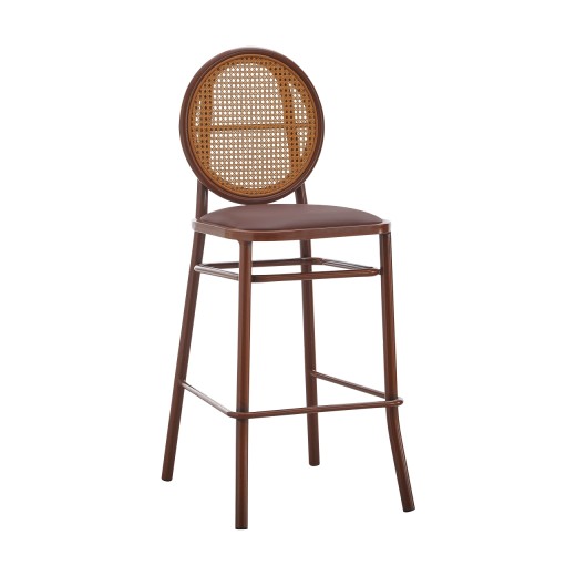 Indoor Retro Metal Barstool with Round Poly Woven Back and Padded Mahogany Vinyl seat 