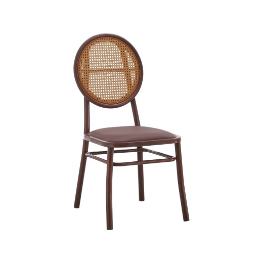 Indoor Retro Metal Chair with Round Poly Woven Back and Padded Mahogany Vinyl seat