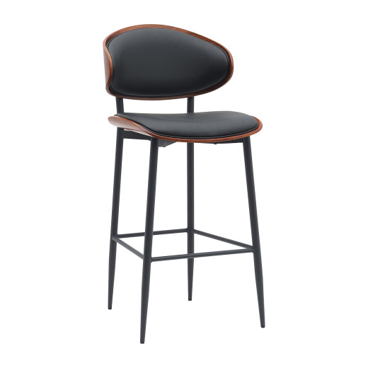 Indoor Mid-Century Modern Metal Barstool with Black PU Leather Upholstered Seat and Back