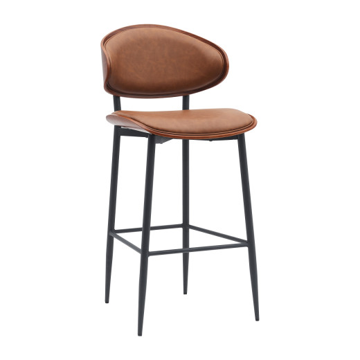 Indoor Mid-Century Modern Metal Barstool with Brown PU Leather Upholstered Seat and Back