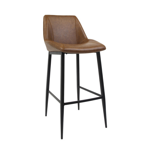 Modern Indoor Metal Barstool with Brown Upholstery and Accent Stitching