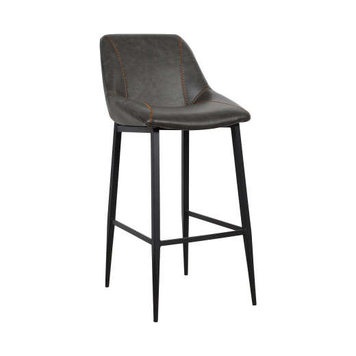Modern Indoor Metal Barstool with Grey Upholstery and Accent Stitching