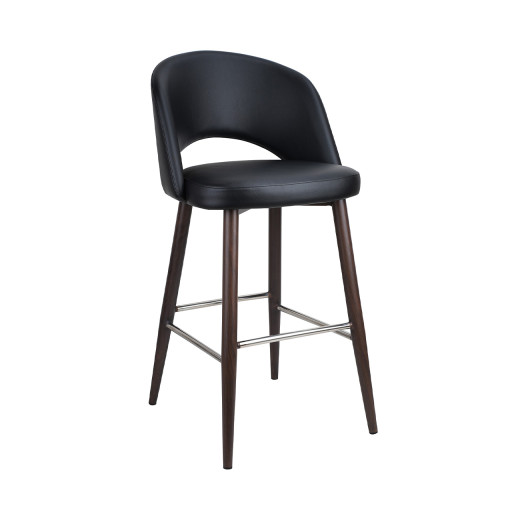 Black Upholstered Indoor Barstool  with Dark Walnut Metal Woodgrain Legs & Chrome Footrest