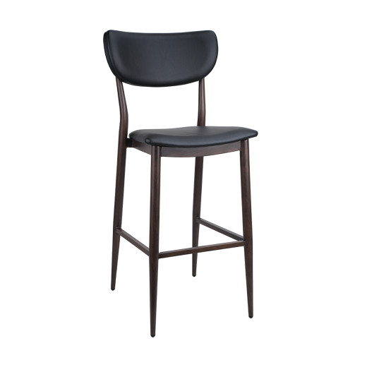 Dining Metal Barstool with Black Vinyl Padded Seat and Backrest & Dark Walnut Woodgrain Frame for Indoor Use