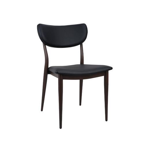 Dining Metal Chair with Black Vinyl Padded Seat and Backrest & Dark Walnut Woodgrain Frame for Indoor Use