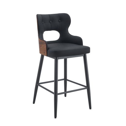 Indoor Black Vinyl Padded Metal Armed Barstool with Curved Veneer Outer Back