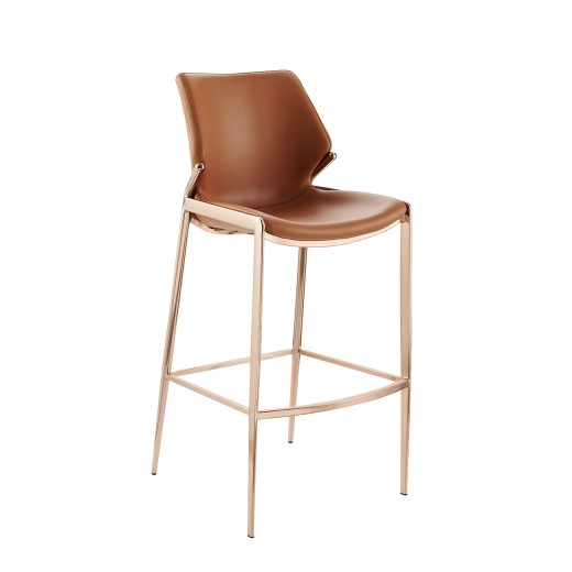 Camel Brown Upholstered Barstool with Curved Back and Rose  Metal Legs for Indoor Use
