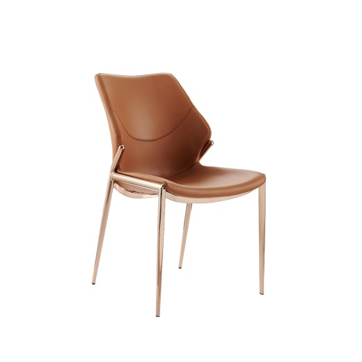 Camel Brown Upholstered Chair with Curved Back and Rose  Metal Legs for Indoor Use