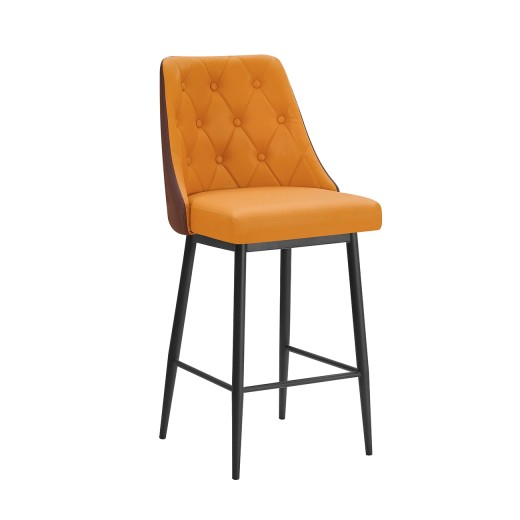 Orange Metal Barstool with Diamond Tufted Vinyl Seat & Back and Dark Brown Outer Back for Indoor Use