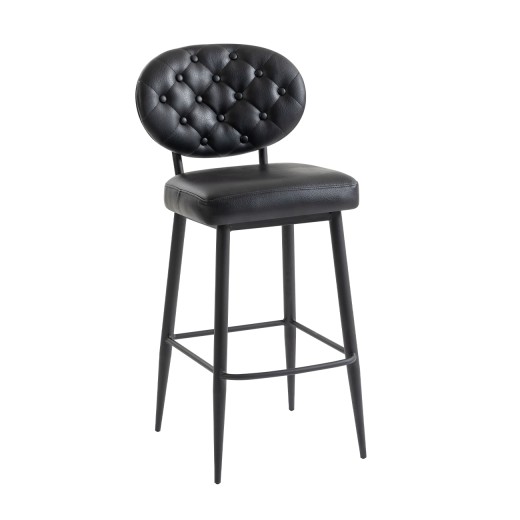 Transitional Indoor Metal Barstool with Black Vinyl Padded Seat and Button-Tufted Back