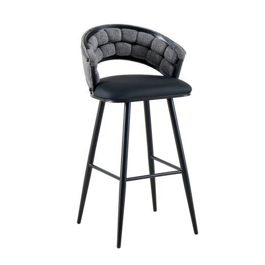 Contemporary Indoor Metal Barstool with Curved Fabric Back and Black Vinyl Seat for indoor Use