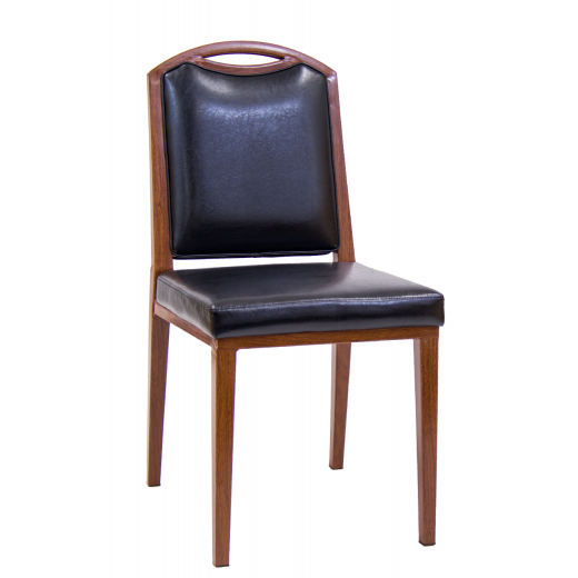 Wood Grain Indoor Metal Chair w/Black Vinyl Seat and Back