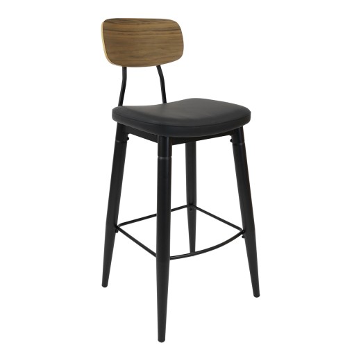 Metal Barstool in Black w/ Veneer Back & Vinyl Seat