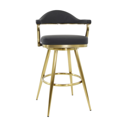 Indoor Gold Frame Swivel Barstool with Black Upholstered Cushion and Arched Backrest
